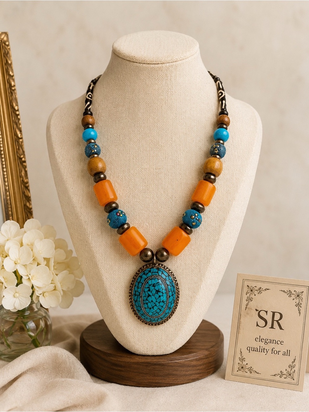Bold Turquoise & Orange Beaded Pendant Necklace - Picture 6 of 6
